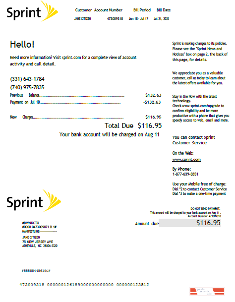 USA Sprint utility bill template in Word and PDF formats, version 2